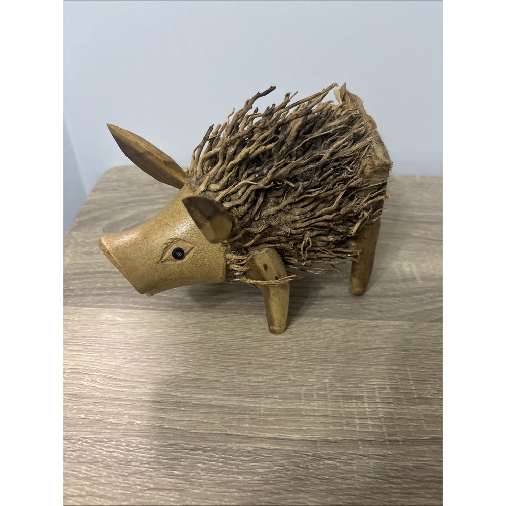 Hand Carved  Wild Boar Pig Figurine Rustic Folk Art Animal Sculpture